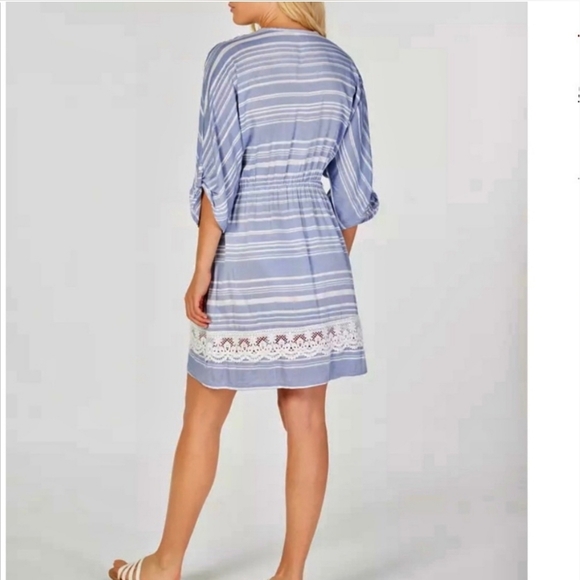 Dotti Tassel Tunic Striped Cover Up Blue White Crocheted Lace Trim Drawstring 1X - Picture 3 of 13